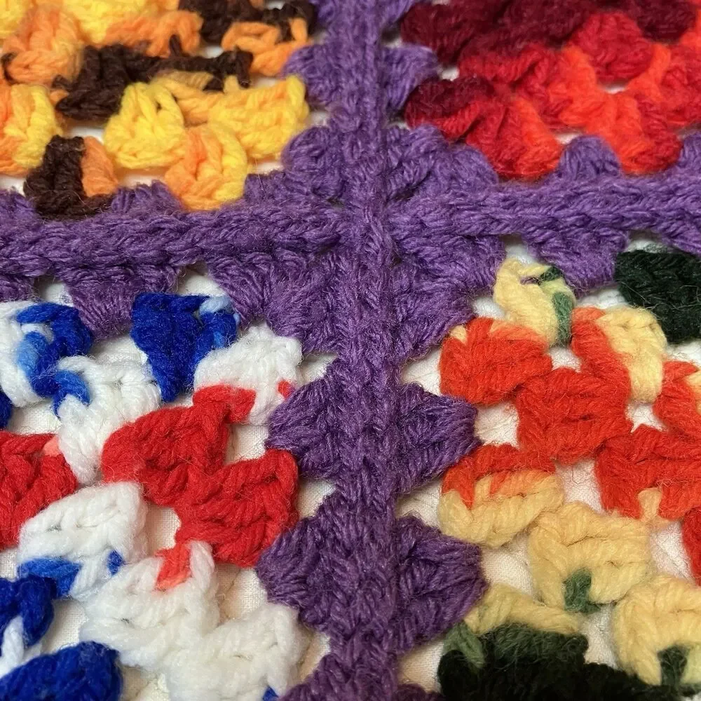 Vtg Granny Square Handmade Crochet Afghan Blanket Multicolor 51x60 Fringe